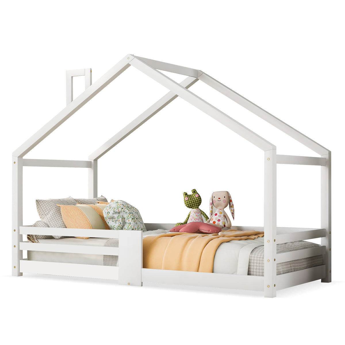 Lit cabane enfant 90x200 cm bois massif blanc avec barrière anti-chute et sommier à lattes