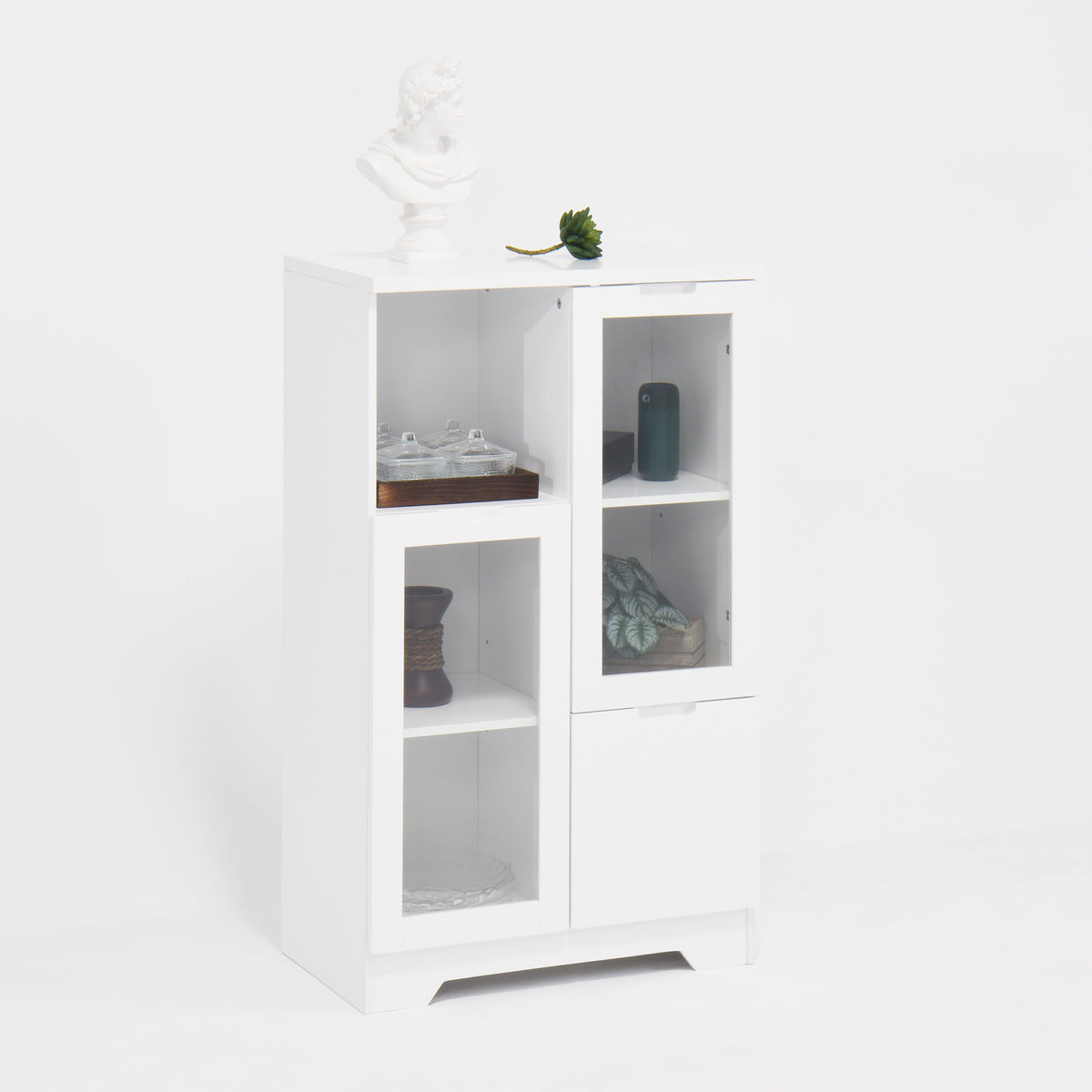 Buffet en MDF laqué blanc 65x30x100 cm avec portes vitrées, tiroir et espaces de rangement ouverts, idéal pour salon, chambre ou entrée