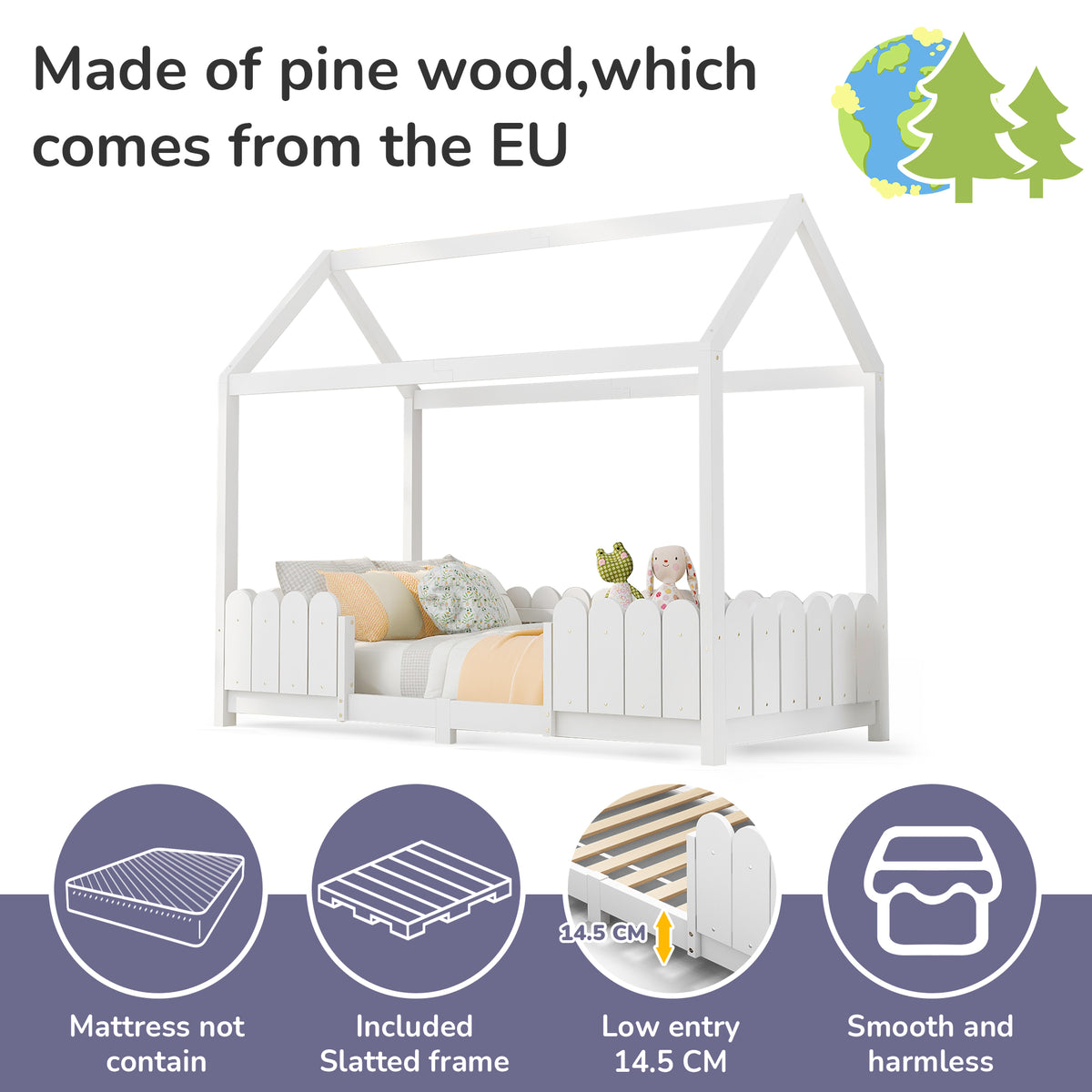 Children's cabin 90x200 cm white in solid wood with safety barriers and slatted box spring (without mattresses)