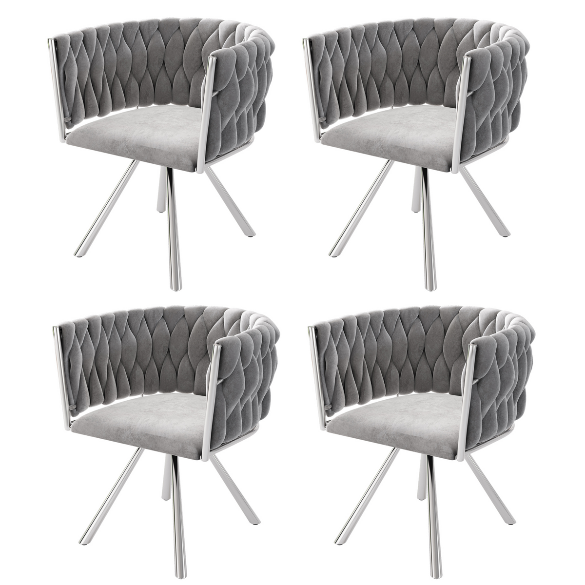 Lot de 4 chaises de salle à manger pivotantes en velours gris avec pieds en métal argenté