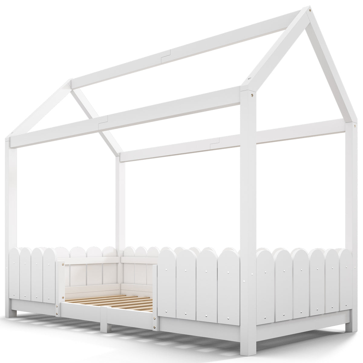 Children's cabin 90x200 cm white in solid wood with safety barriers and slatted box spring (without mattresses)
