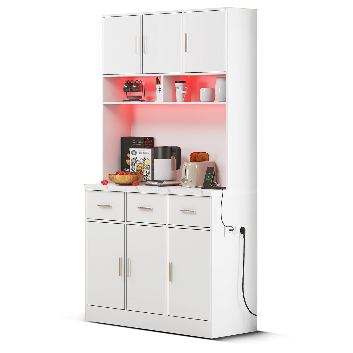 100x40x180 cm Multifunktions -Küchenbuffet in weißem MDF mit Fernbedienungs -LEDs, elektrischen Steckdosen, USB -Anschlüssen, Schubladen und einstellbaren Regalen