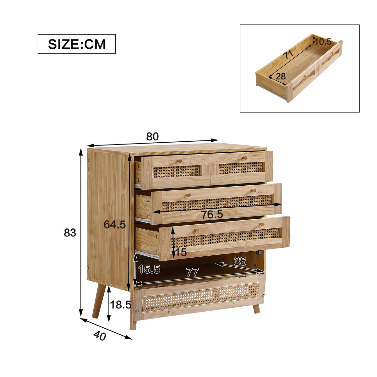 Commode classique à 3 tiroirs, avec dessus de tiroir en rotin, couvercle inférieur rabattable, poignée en métal doré et pieds en bois, offrant un espace de rangement pour le salon et la chambre