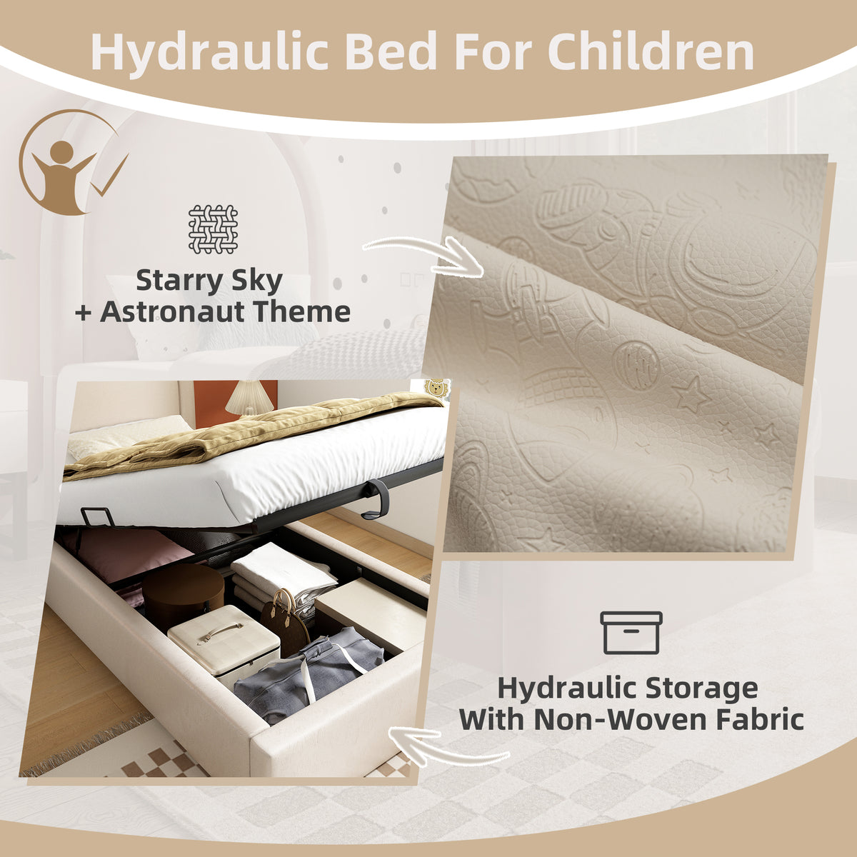 Lit enfant 90×200 cm rembourré (sans matelas) en PU beige avec tête de lit arquée