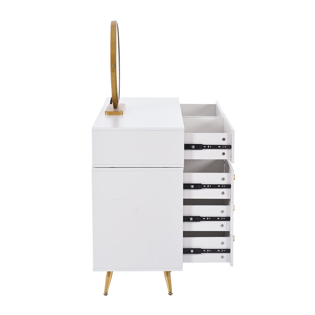 White 4-in-1 dressing table with whole mirror and rotary table mirror, padded stool, integrated storage and 3-color LED lighting, 109x36x164 cm