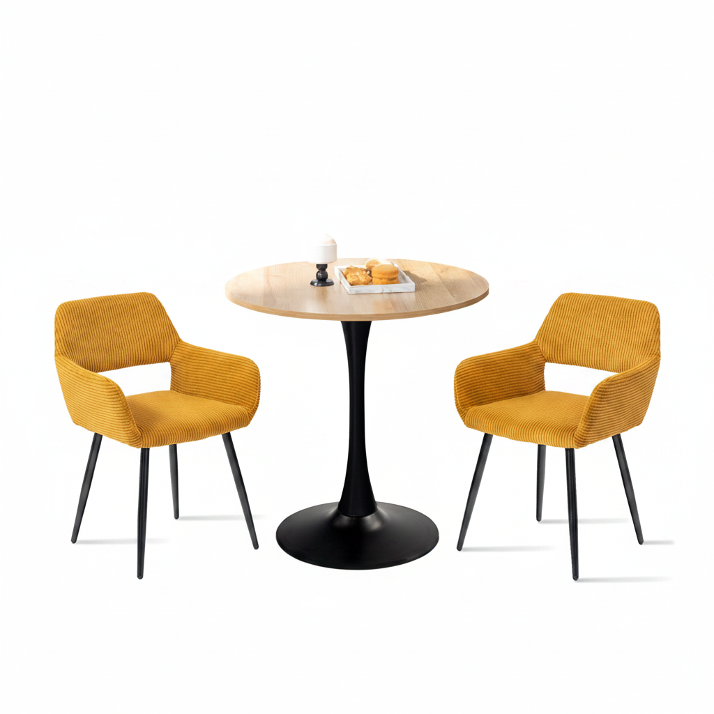 Runder Tisch in Walnussoptik Ø80 cm mit 4 schwarzen Samtstühlen, moderner und komfortabler Stil