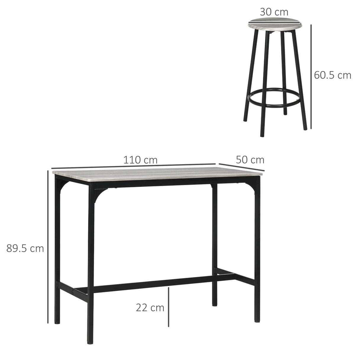 Hochtisch -Set mit vier grauen Industrie -Designhocker
