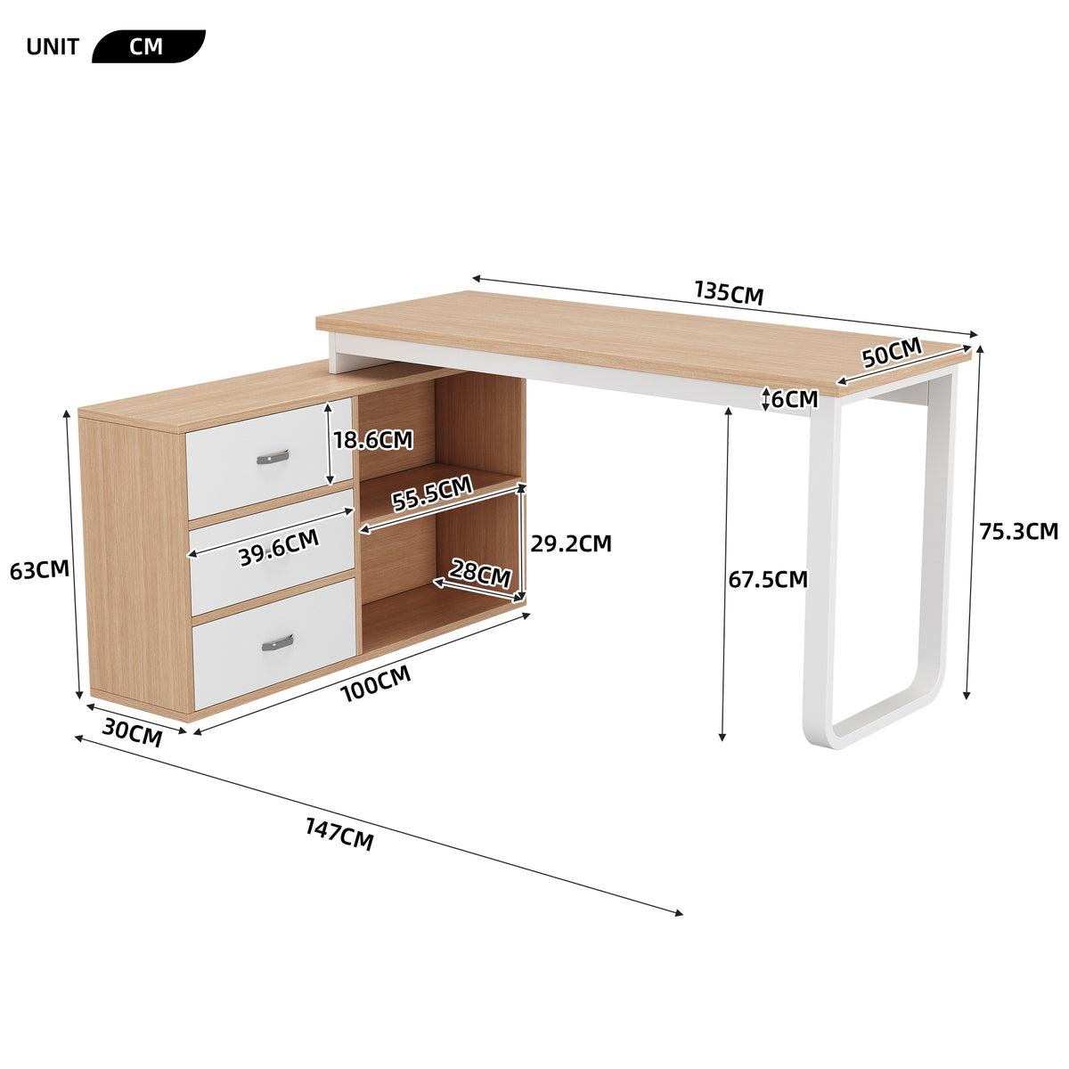 Schlichter Schreibtisch aus Naturholz mit 3 Schubladen und 2 offenen Nischen – 147×100×75,3 cm