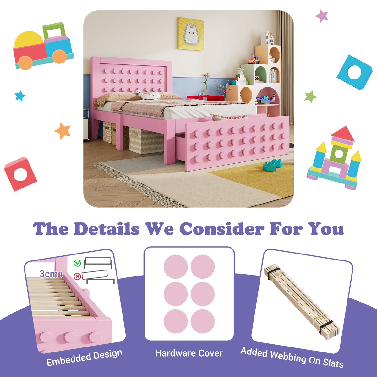Pink child bed 90x190 cm with storage drawer and creative design in blocks, solid wood frame