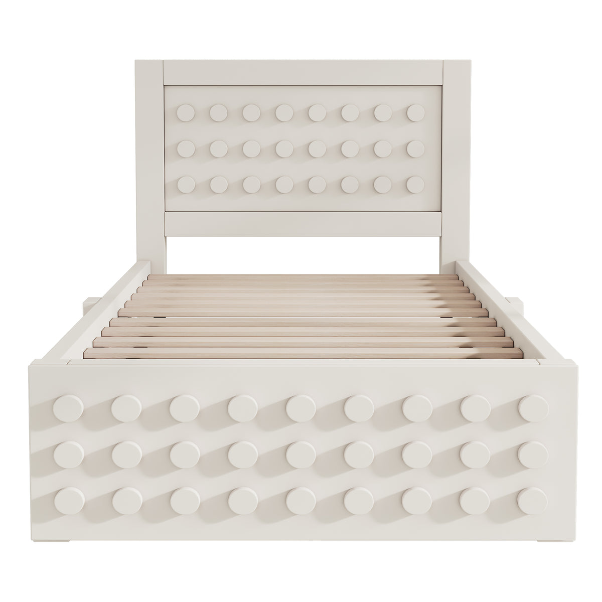 White child bed 90x200 cm with storage drawer and creative design in blocks, solid wood frame