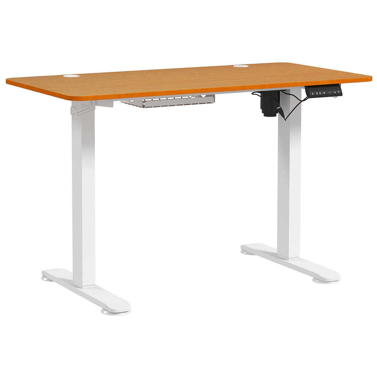 Table de bureau électrique réglable en hauteur 120x60x72-116 cm Stehtisch avec anti-collision, boîte à câbles et crochets, finition bois naturel