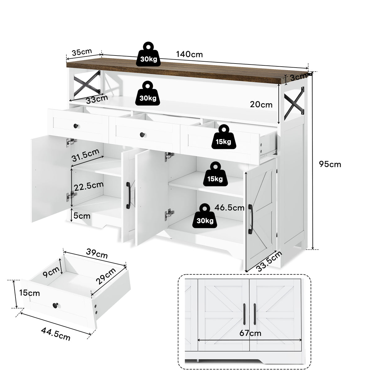 White and brown rustic buffet with 3 drawers and 2 doors