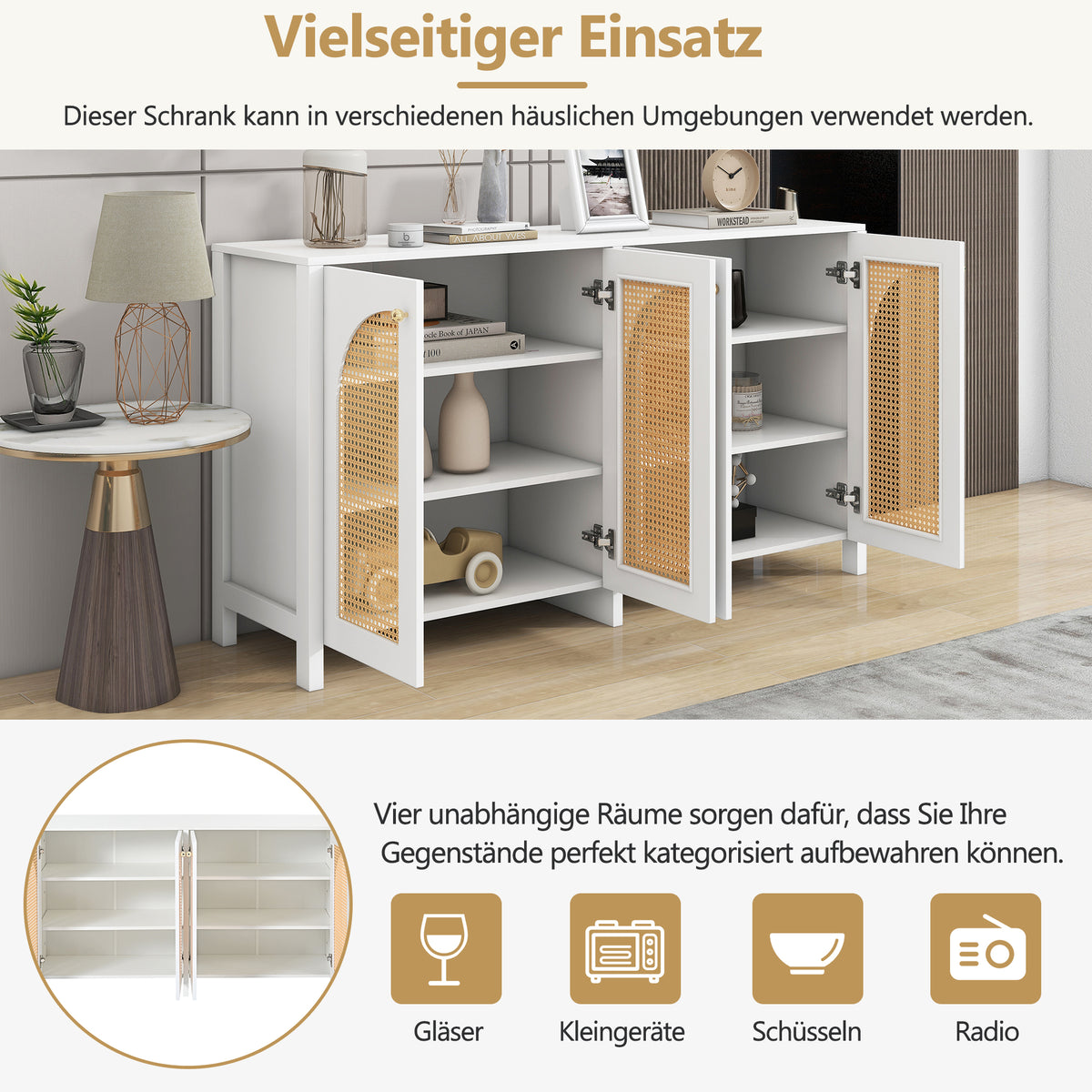 Buffet moderne blanc en MDF avec 4 portes en rotin PE et poignées en métal