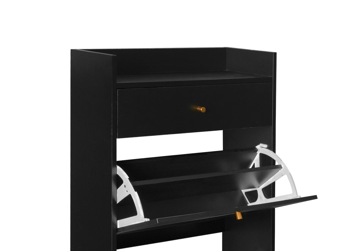 Meuble à chaussures noir 60x24x110 cm avec 2 portes en rotin, 1 tiroir et étagères réglables