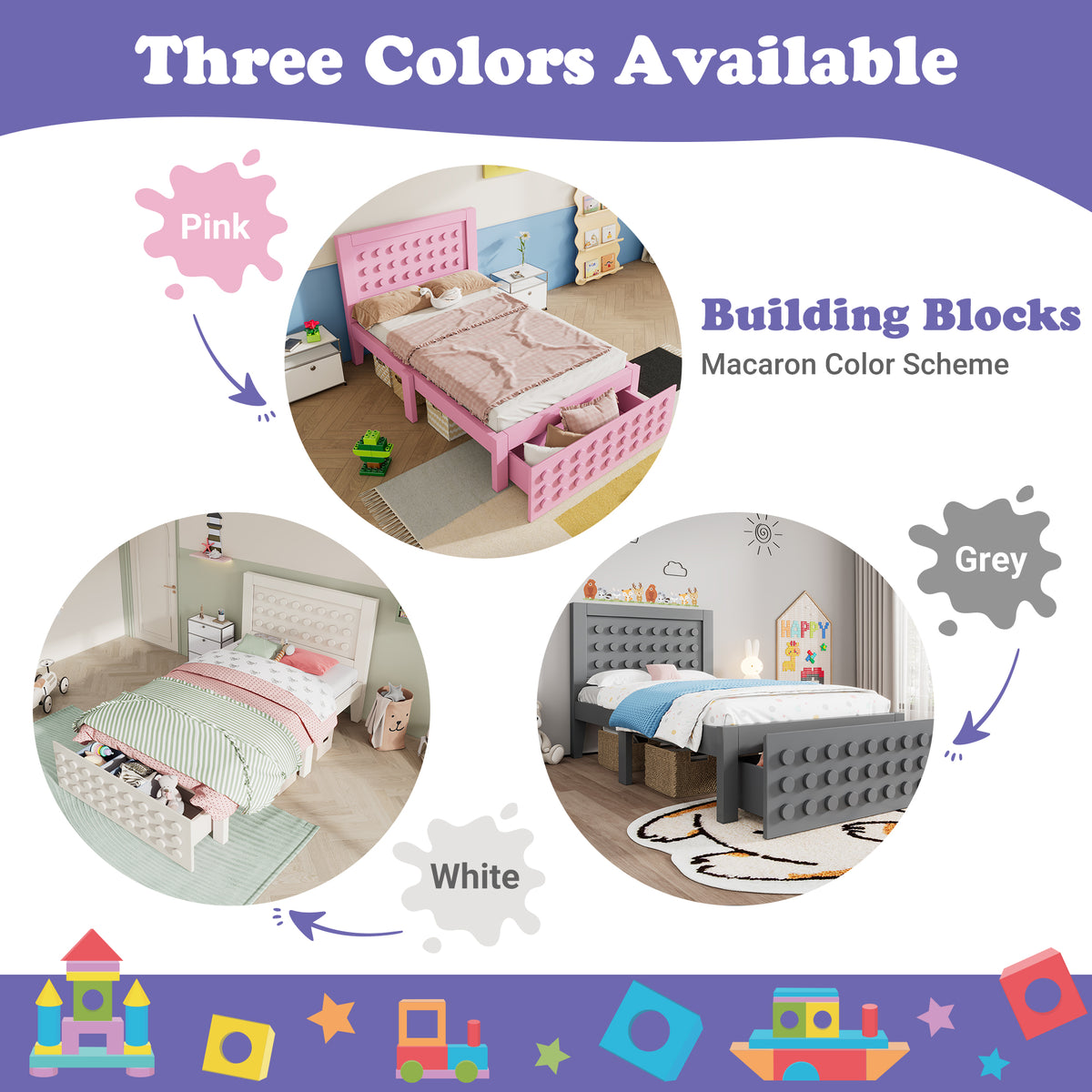 White child bed 90x200 cm with storage drawer and creative design in blocks, solid wood frame