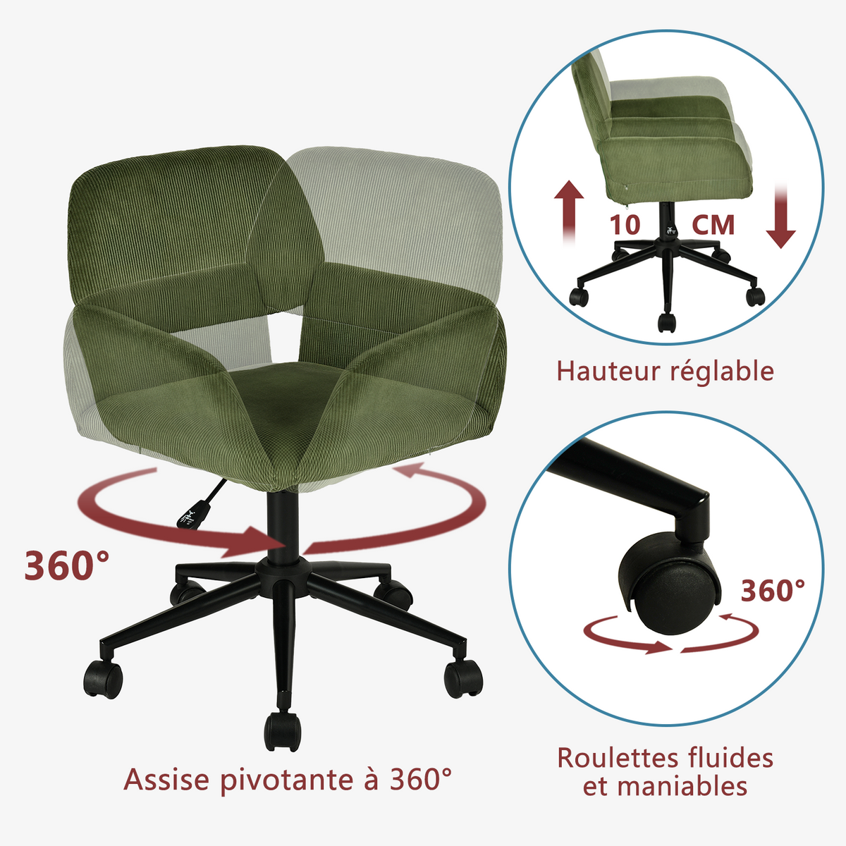 Ensemble avec table d’appoint noire pliable et fauteuil de bureau en velours côtelé vert olive - BASELINE & ROSS