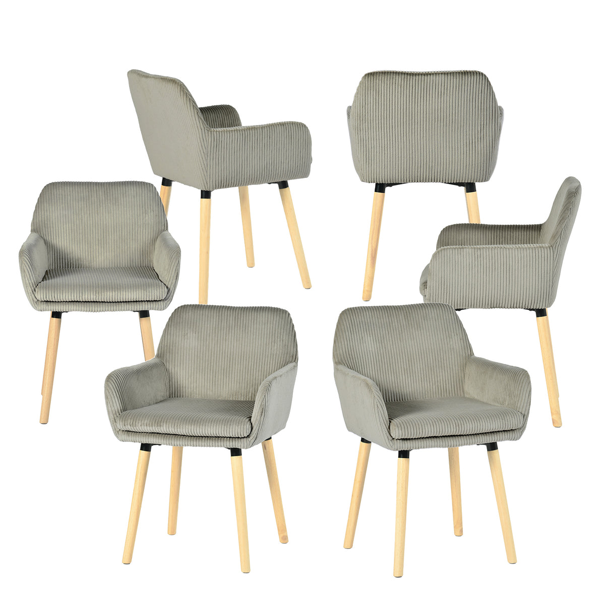 Lot de 6 chaises de salle à manger de style scandinave avec pieds en bois et accoudoirs en velours côtelé gris - ELIA