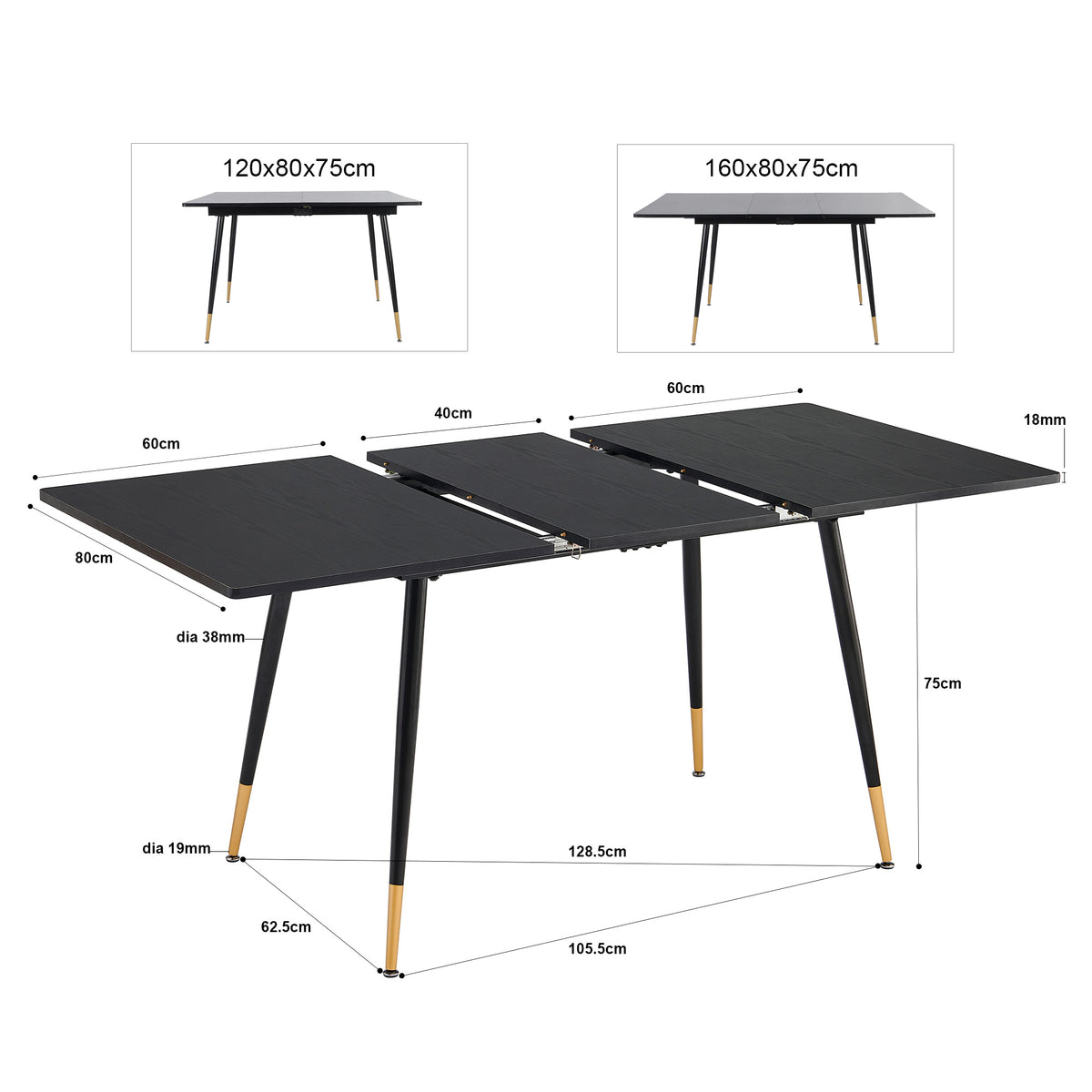 Ensemble de salle à manger comprenant une table extensible et 4 chaises industrielles en suédine