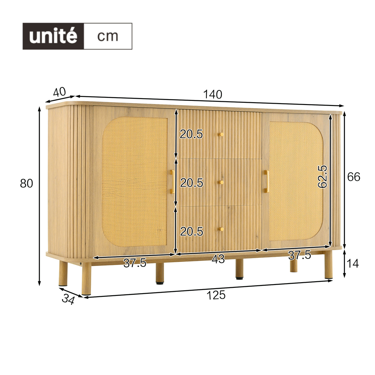 Sideboard Moderne à Rattan et Métal Meuble de Salon avec Schublades Onde 3D et Portes Halbovales Optique de Bois