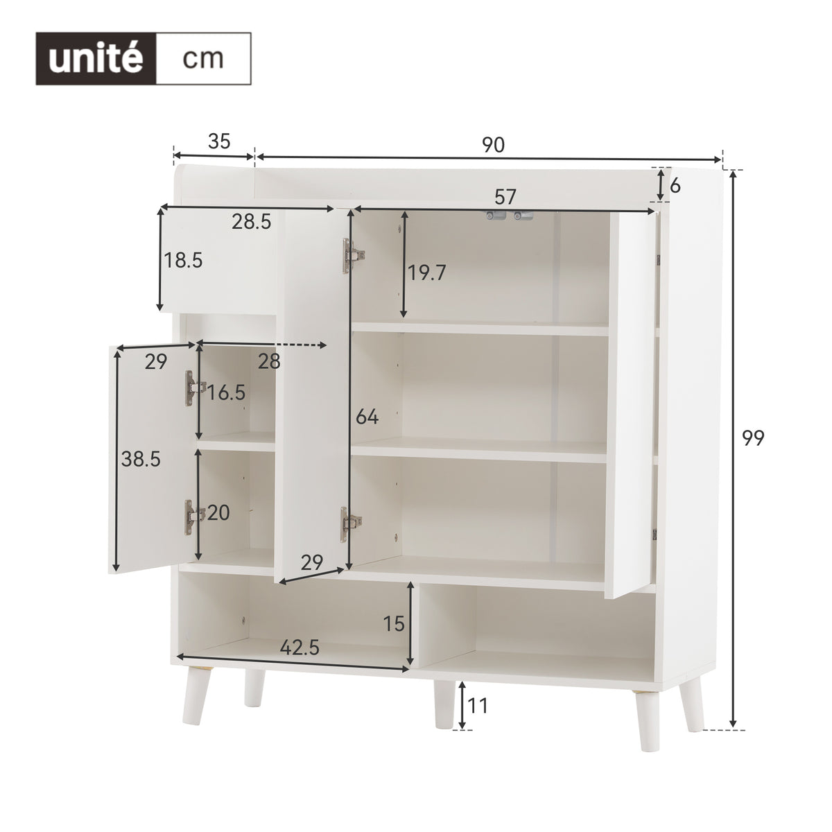Meuble à chaussures blanc avec étagères réglables, commode minimaliste pour l'entrée, avec pieds en bois massif
