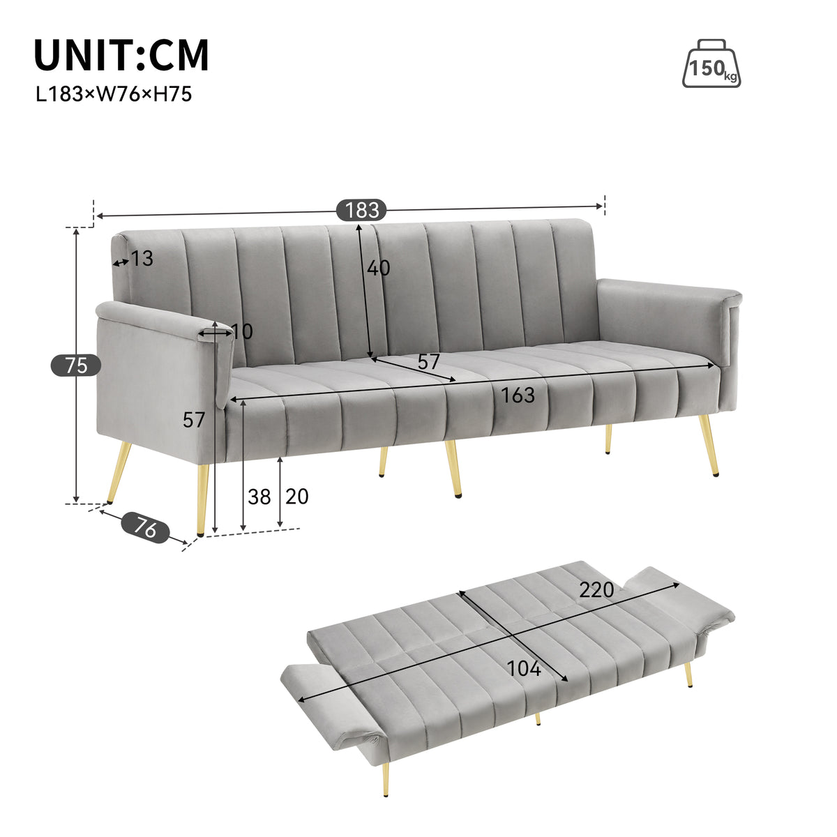 Sofa-lit pliant moderne en velours 183x76x75 cm â€?Réglable en 5 angles, pieds métalliques, idéal pour salon et chambre d’invités
