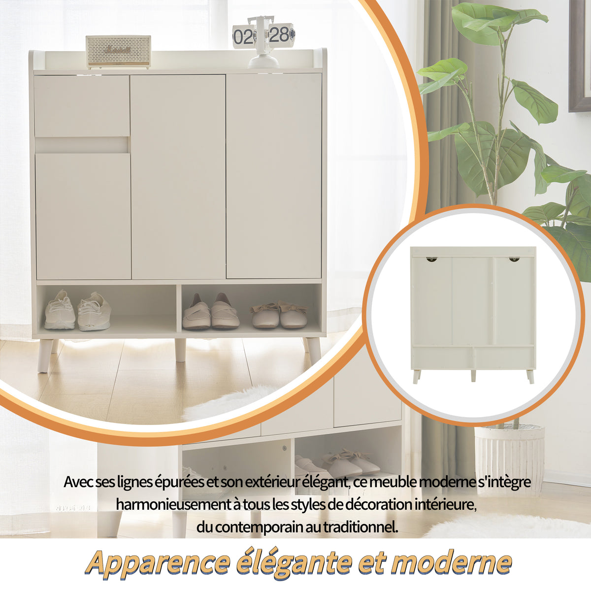 Meuble à chaussures blanc avec étagères réglables, commode minimaliste pour l'entrée, avec pieds en bois massif