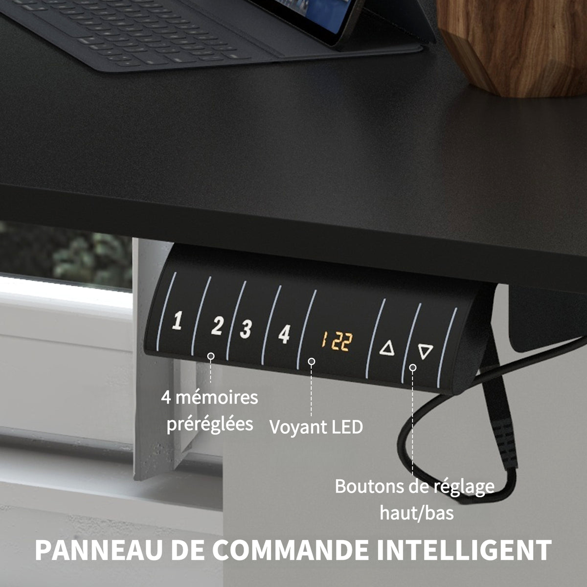 Table de bureau électrique réglable en hauteur 140x70x72-116 cm Steh-Sitz Schreibtisch avec anti-collision, stockage et cadre en acier noir
