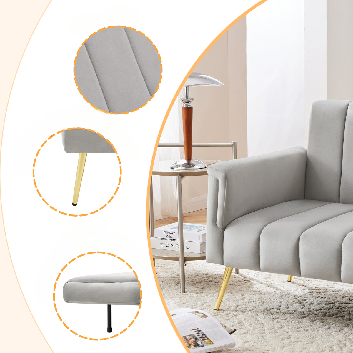 Sofa-lit pliant moderne en velours 183x76x75 cm â€?Réglable en 5 angles, pieds métalliques, idéal pour salon et chambre d’invités