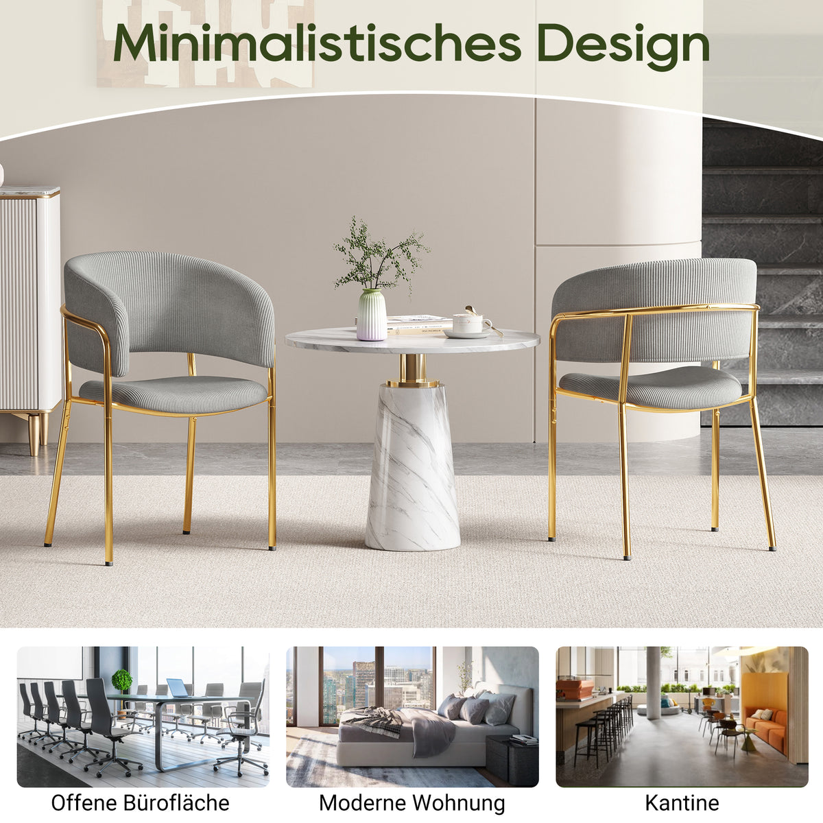 Lot de 2 chaises modernes en tissu côtelé gris avec pieds inclinés en bois et métal, dossier ergonomique et pieds réglables