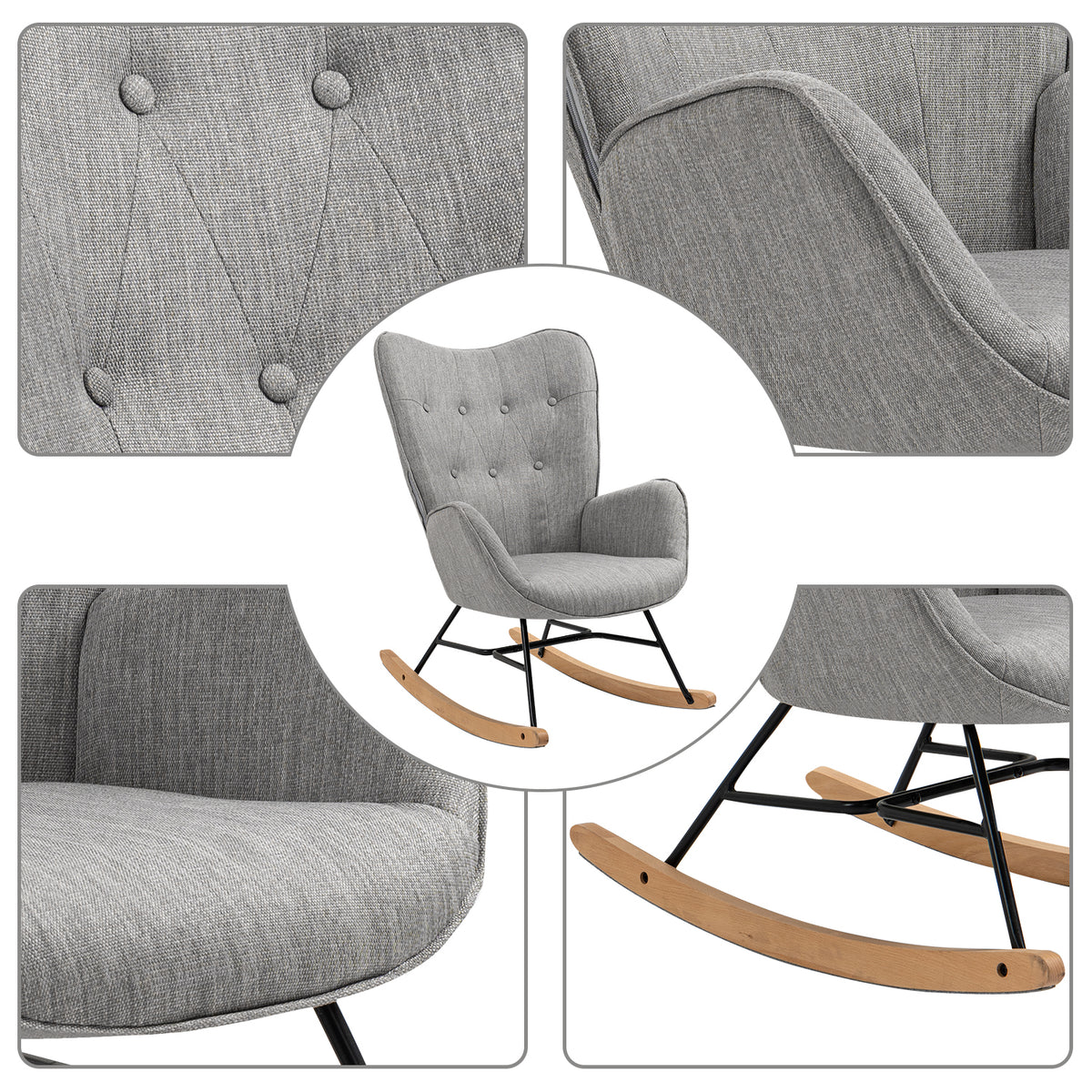 Fauteuil à bascule allaitement scandinave avec accoudoirs en tissu gris capitonné - EPPING