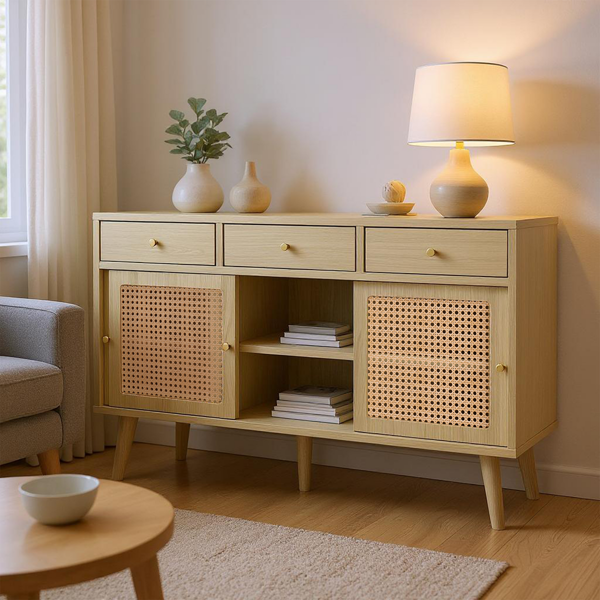 Retro-Sideboard aus Eichenholz mit 3 Schubladen, 3 Rattan-Schiebetüren und verstellbaren Regalen – 120 x 40 x 78 cm