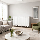 Sideboard moderne blanc 120x35x80 cm avec portes ondulées, grifflos et rayons réglables, idéal pour salon flur et salle à manger