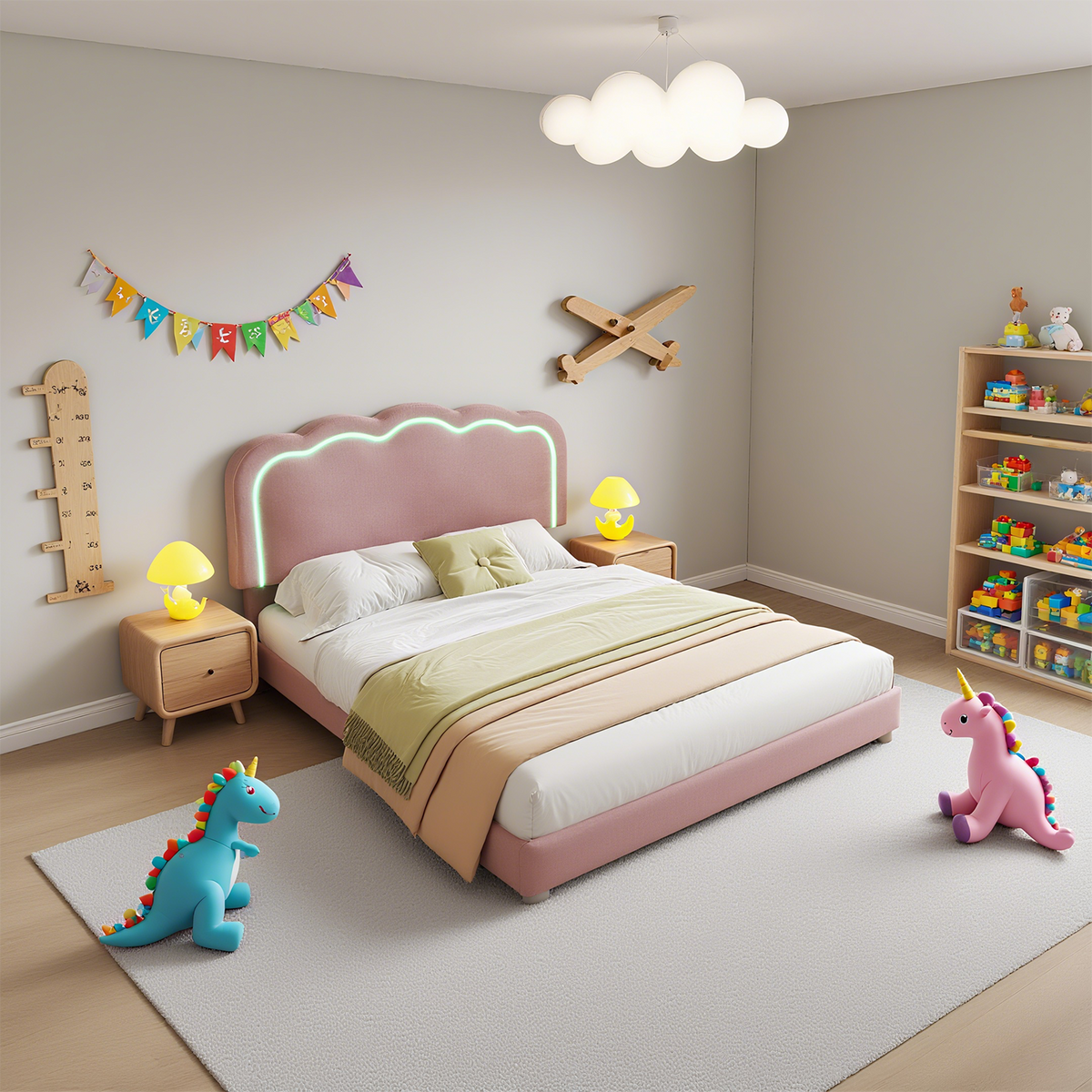 Gepolstertes Kinderbett 90×200 cm mit LED, in rosa Samt mit verstellbarem Kopfteil und Lattenrost (ohne Matratze)