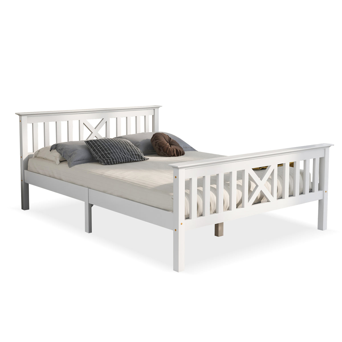Lit double 140x200 cm blanc en bois massif de pin avec sommier à lattes et tête de lit (sans matelas)