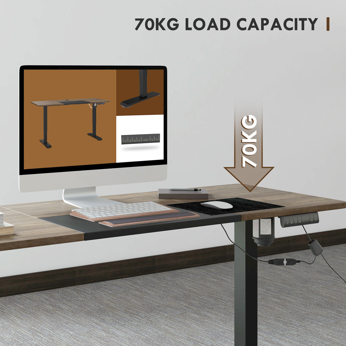 Table de bureau électrique réglable en hauteur 140x70 cm Stehschreibtisch avec moteur, cadre en métal, design nature+noir pour bureau et espace de travail