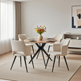 Ensemble table à manger ronde en chêne avec pieds en forme de X et 4 fauteuils en tissu beige de style scandinave pour salle à manger