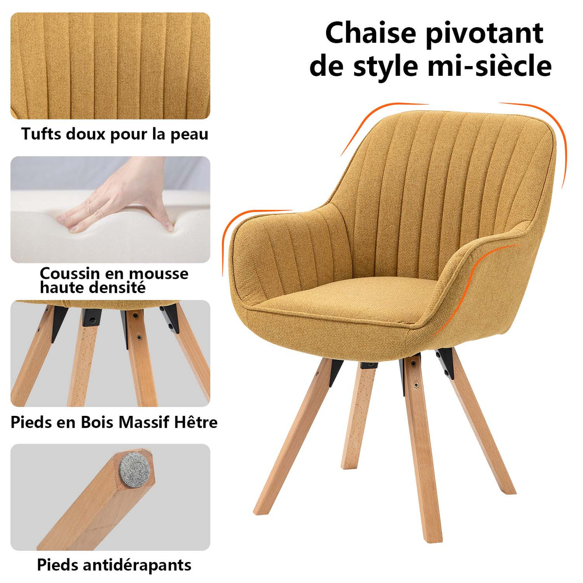 Set of 6 comfortable yellow fabric dining room chairs with 360° swivel - CARSON FABRIC YELLOW 6PCS