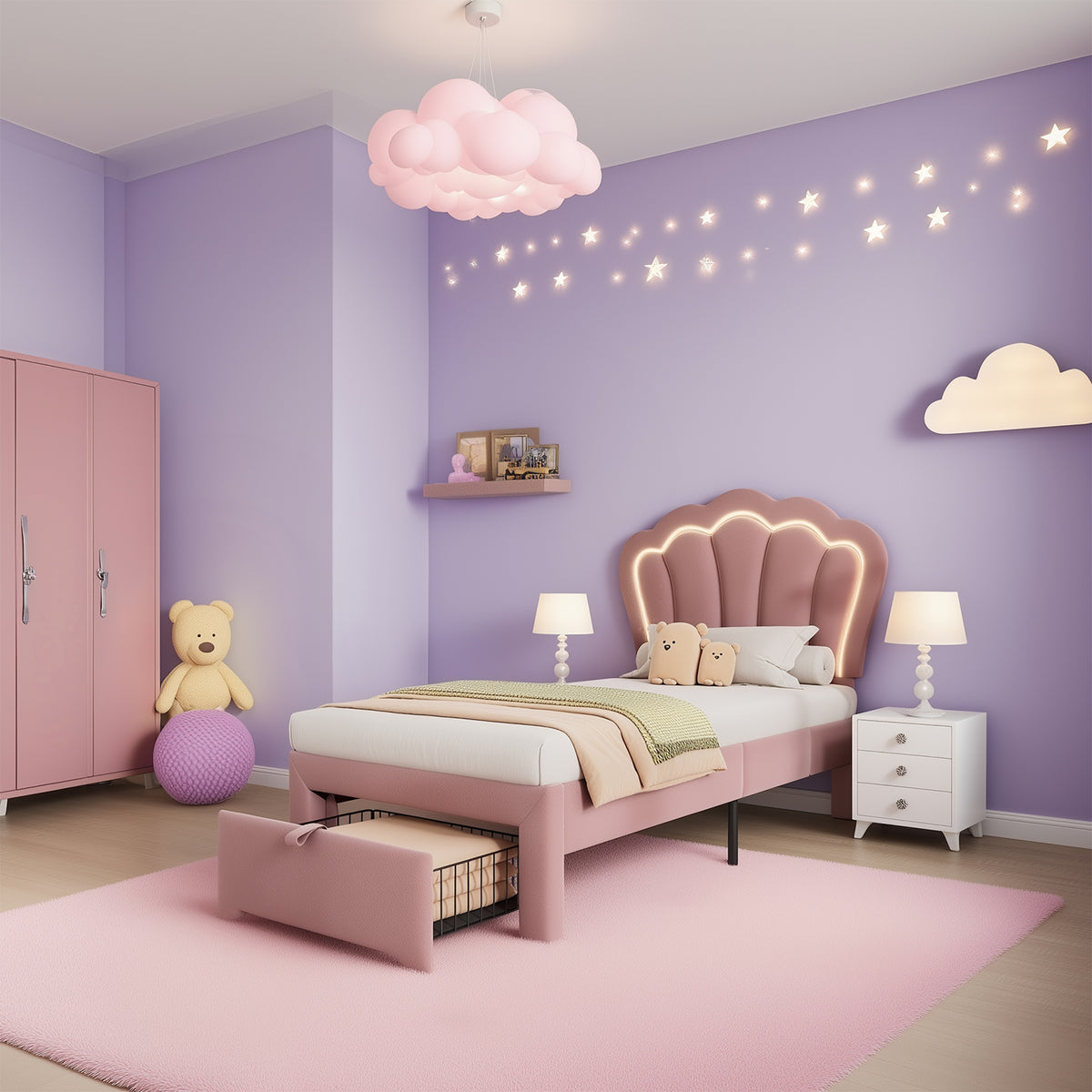 Verpacktes Kinderbett 90 × 190 cm mit LEDs und Schubladen, rosa Samt (ohne Matratzen)