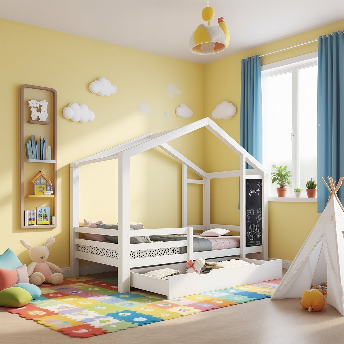 Lit cabane enfant 90×200 cm en bois massif blanc avec tableau, 2 tiroirs, sommier à lattes et barrières de sécurité (sans matelas)