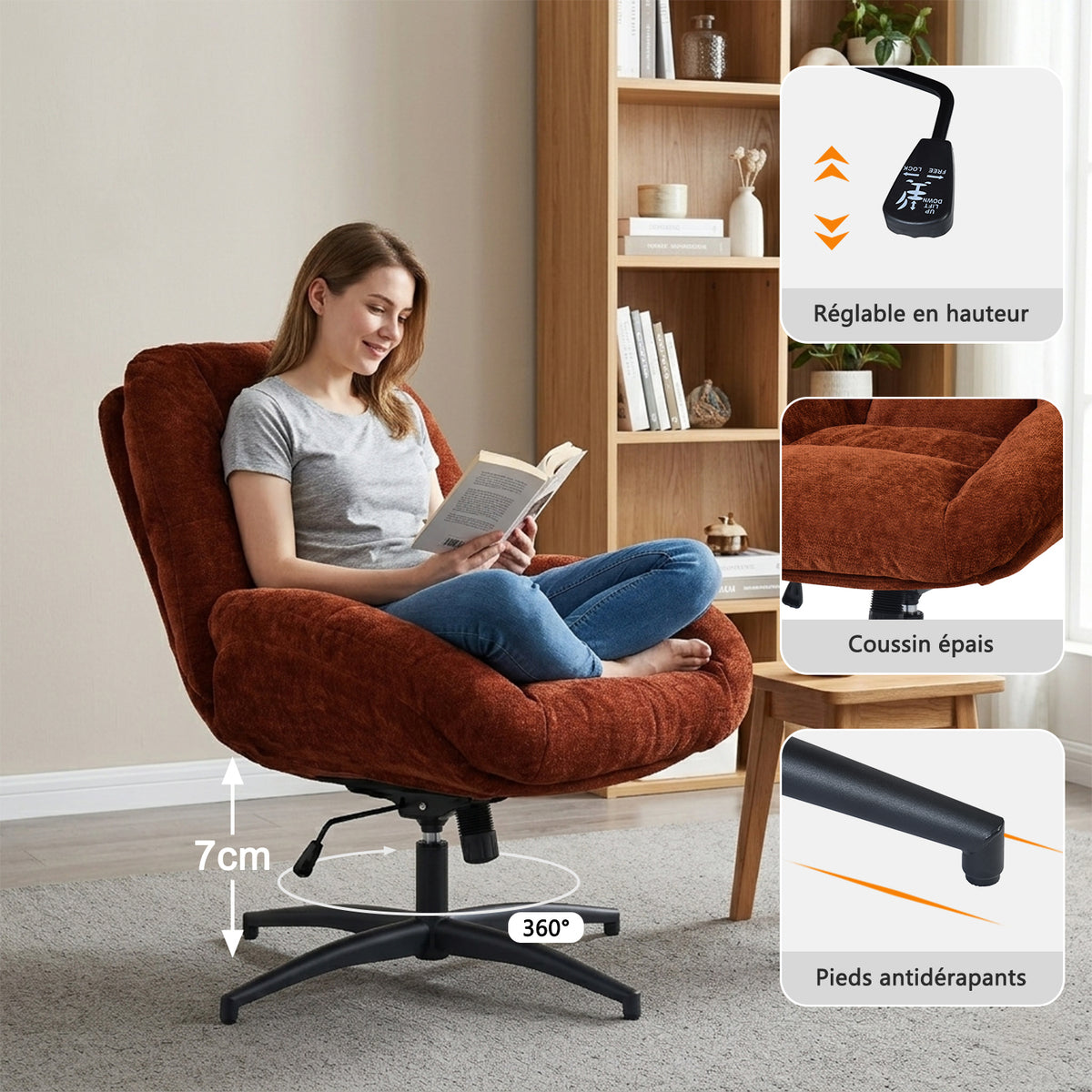Chaise de bureau pivotante en tissu chenille terracotta – LITHOPS FIX