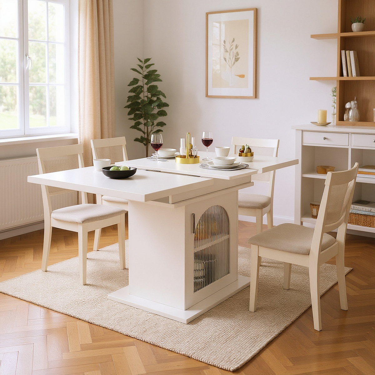 Table à manger télescopique extensible 140×80cm 3 niveaux de rangement portes en verre irisé blanche pour cuisine et salon