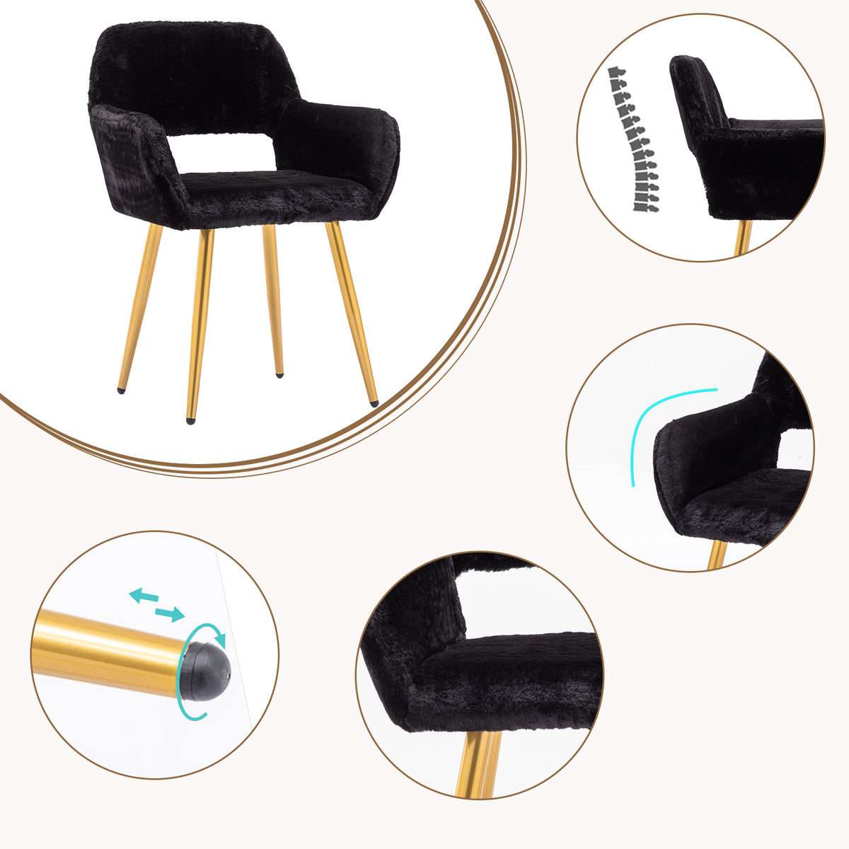 Chaise de salle à manger de style scandinave en fausse fourrure noire avec pieds en métal doré