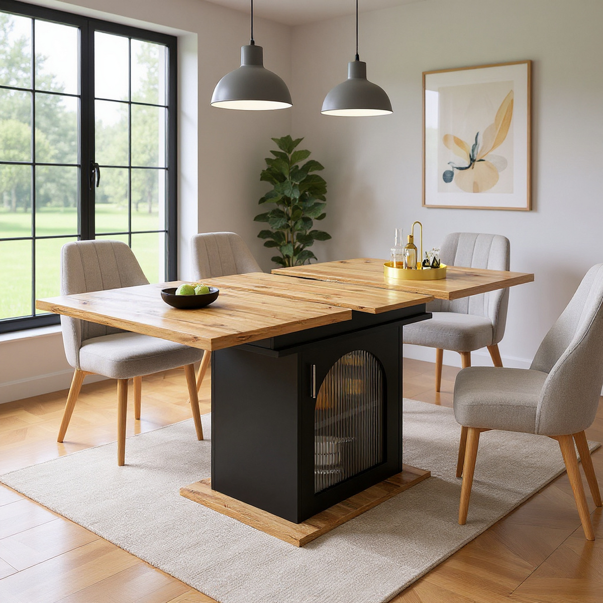 Table à manger télescopique extensible 140×80cm 3 niveaux de rangement bois naturel + noir pour cuisine et salon