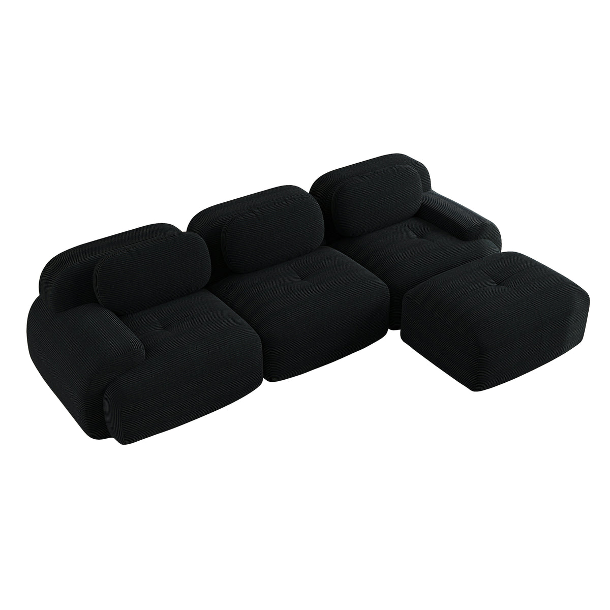 Ensemble de canapés avec accoudoirs incurvés et base antidérapante en tissu velours côtelé doux pour le salon, noir, siège 3 + tabouret 1