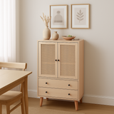 Buffet haut en bois style moderne avec portes en rotin et tiroirs â€?60 x 40 x 120 cm