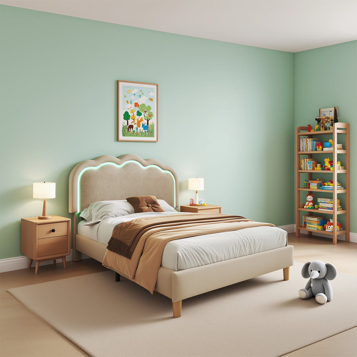 Verpacktes Kinderbett 90 × 200 cm mit LED, in Beige -Leinen mit einstellbarem Kopfteil und Schleiferbasis (ohne Matratzen)