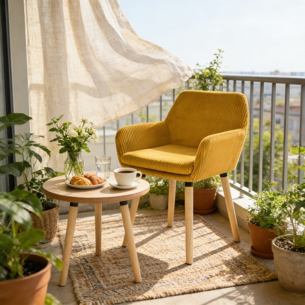 Lot de 2 chaises de salle à manger de style scandinave avec pieds en bois et accoudoirs en velours côtelé jaune - ELIA