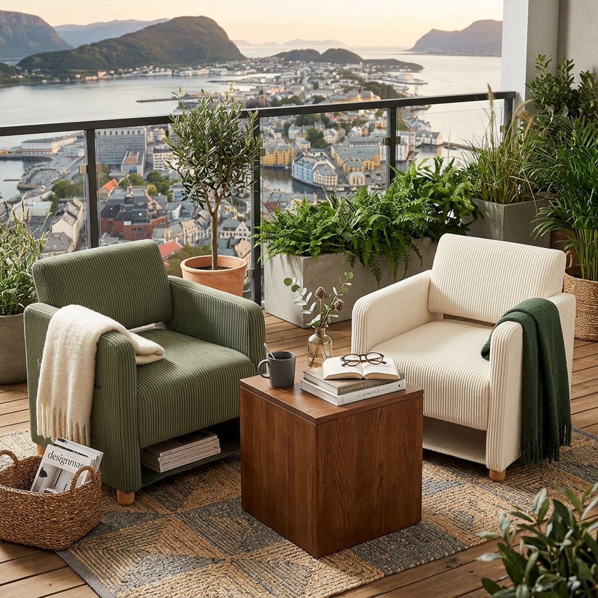 Loungesessel mit Armlehnen aus beigem Cord – DOMCO