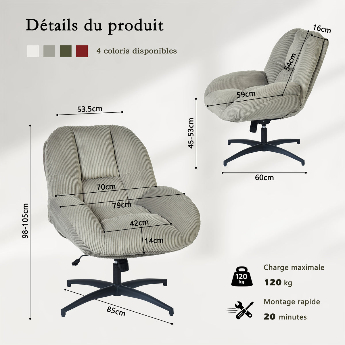 Chaise de bureau pivotante en velours côtelé gris – LITHOPS FIX