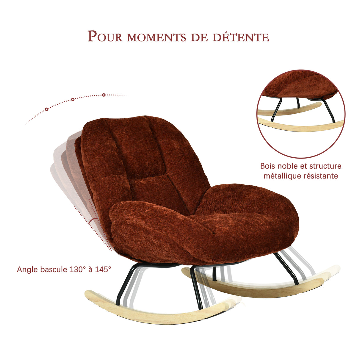 Fauteuil à bascule scandinave en tissu chenille avec accoudoirs pour salon ou chambre à coucher, rouge - LITHOPS